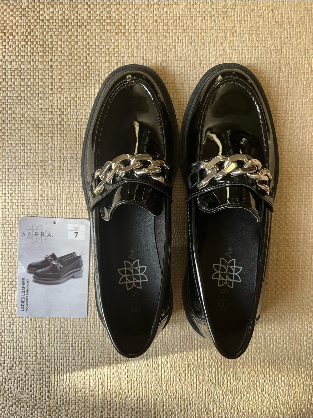 Serra Ladies Black Patent Loafers with Silver Chain Size 7